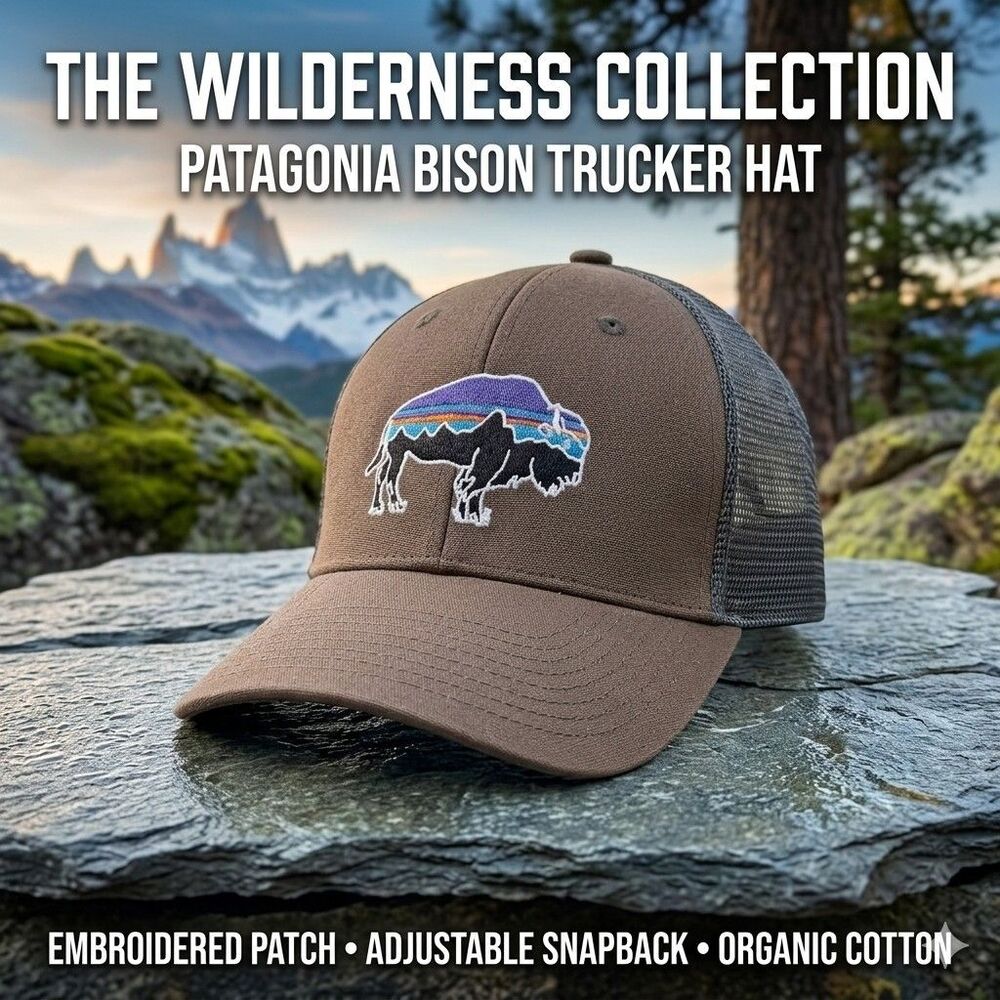 Patagonia Fitz Roy Bison Embroidered Logo Trucker Hat Brown Mesh Snapback Cap